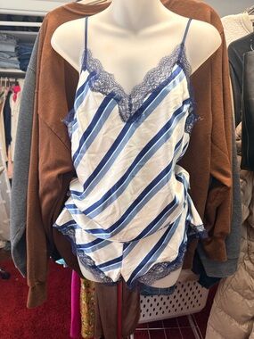 Y2K Victoria Secrets Blue & White Striped Lace Trim Cami and Shorts Set